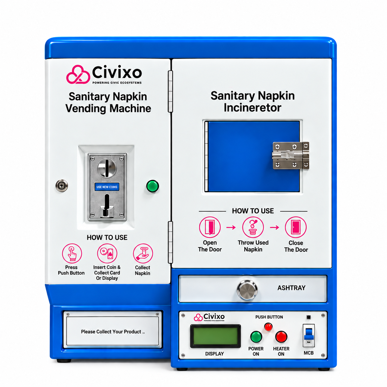 CIVIXO integrated sanitary napkin vending machine and incinerator