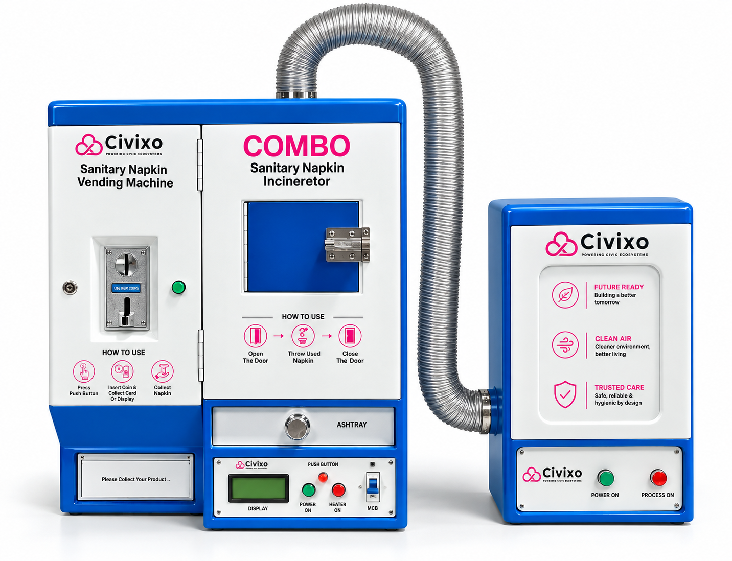 CIVIXO sanitary napkin vending machine with incinerator and smoke eliminator